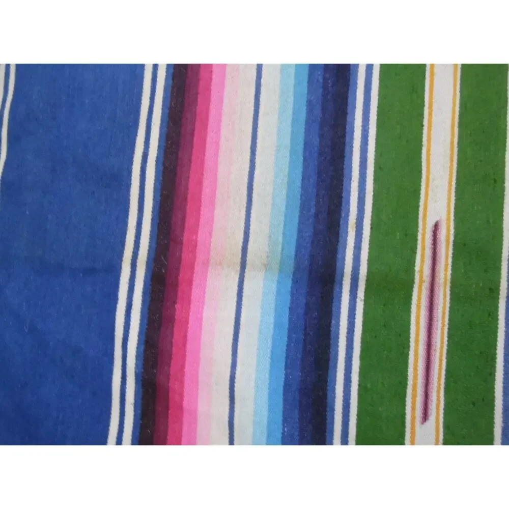 Serape Saltillo Mexican Blue Multi-Color Fringed Striped Blanket 84X49 Vintage